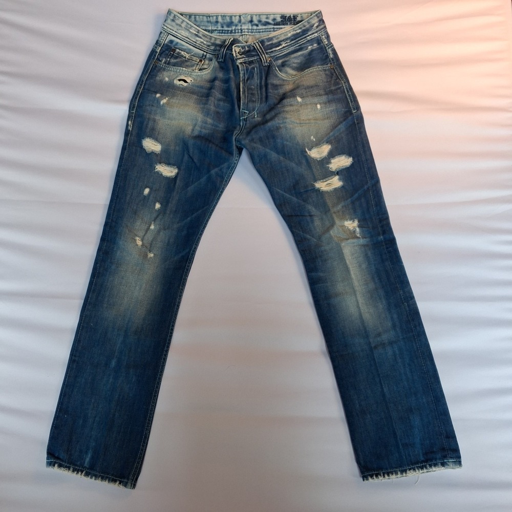 Eleven Four Jeans Mens 32 Distressed Blue Denim Button Fly Raw Hem Streetwear